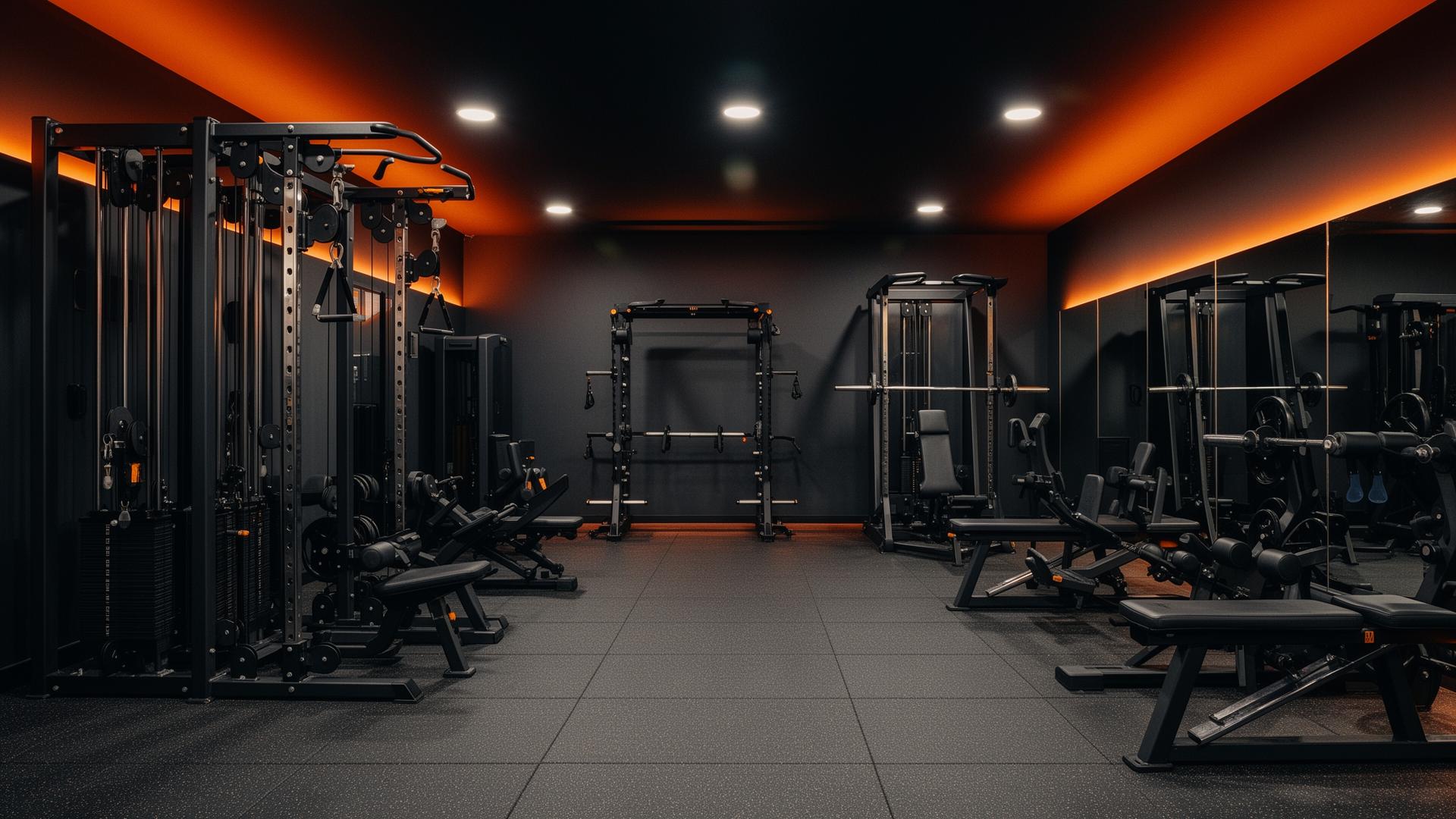 Área de musculação do studio com halteres e espelhos